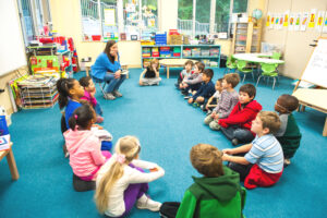 Students doing a community circle in a classroom