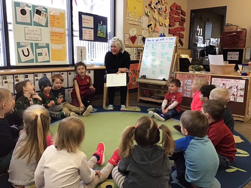 Kate Horst sitting on a small chair in a sunny classroom, holding a book in her hands and talking to a group of about 20 preschool children sitting in a circle in front of her.