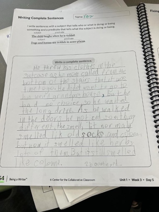 A page of student work in writing skills and grammar.