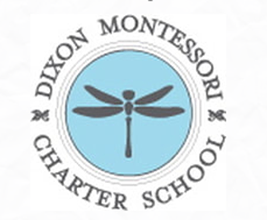 Dixon Montessori Logo shows a dragonfly surrounded by a light blue circle with the words, "Dixon Montessori Charter School" in capital letters surrounding the circle.