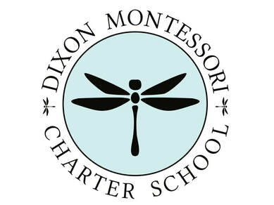 Dixon Montessori Charter School logo is a black dragon fly encased in a light blue circle, surrounded by the words in all capital letters: Dixon Montessori Charter School
