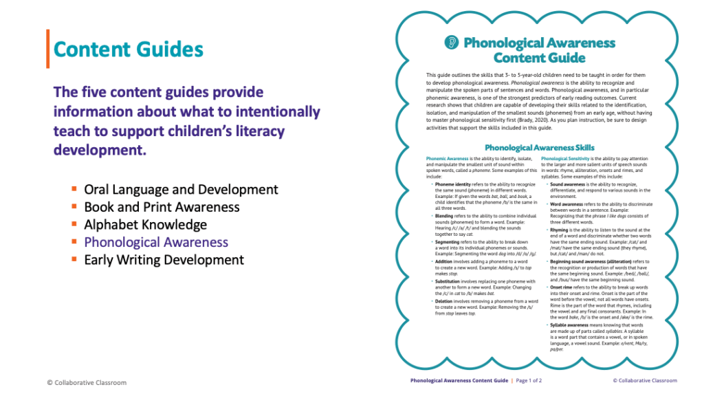 The SEEDS of Learning Professional Learning Framework contains content guides to provide information about what to intentionally teach to support children's literacy development. This image shows a page from the phonological awareness content guide.