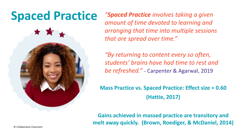 Image is of a slide from the webinar wit a photo of a young student and a quote about spaced practice.