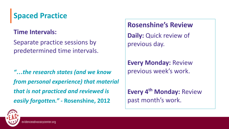 Image is a slide from the webinar that describes spaced practice and time intervals. It includes Rosenshine's daily, every Monday, and every 4th Monday reviews.