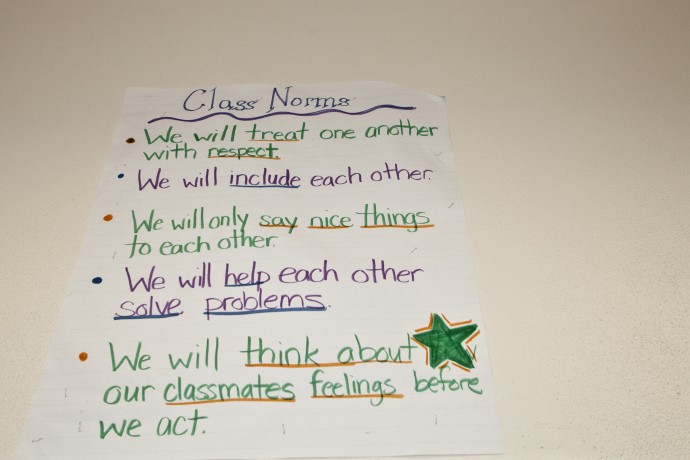 class norms written on paper and posted on the classroom wall