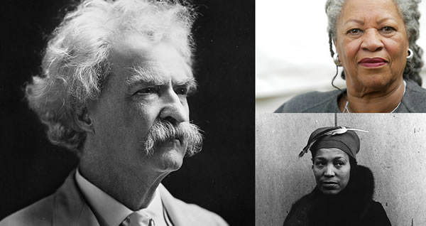 collage of Mark Twain, Toni Morrison, and Zora Neale Hurston