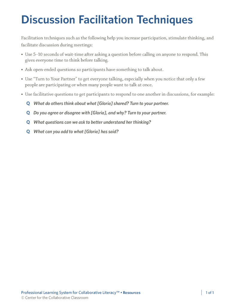 Discussion Facilitation Techniques Center for the Collaborative Classroom