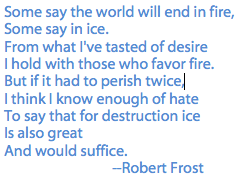 text of Robert Frost poem Fire and Ice